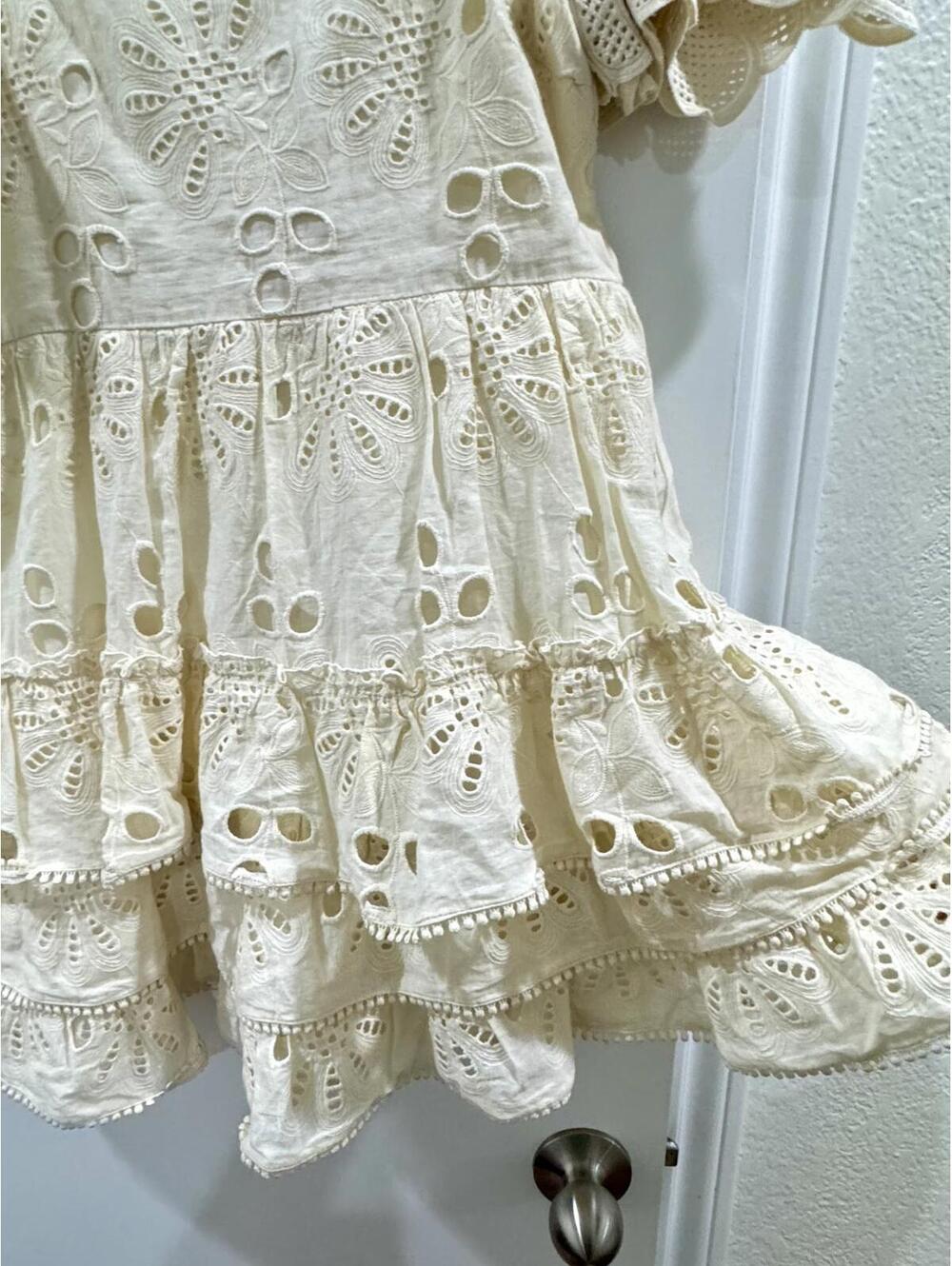 Vestique Cream Eyelet Lace Tiered Boho Cottagecore Mini Dress Medium - Picture 3 of 9